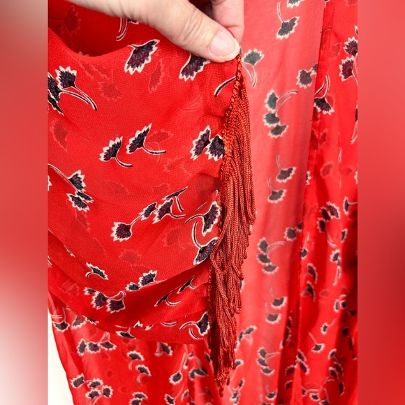 Floral kimono pool beach coverup, Med, red fringe lightweight sheer long sleeves - Picture 3 of 8